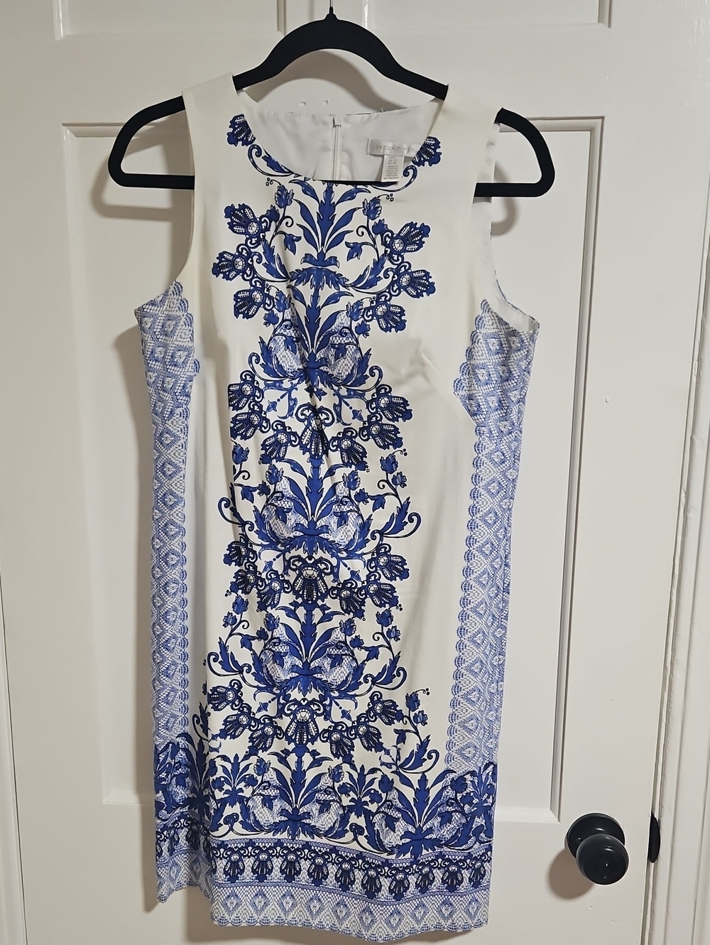 London Times White Mini Dress with Blue Ornate Print